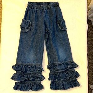 GIRLS MISSIE MOOSIE TRIPLE RUFFLE DENIM CAPRI CROPPED PANTS 7 8 BOUTIQUE EUC